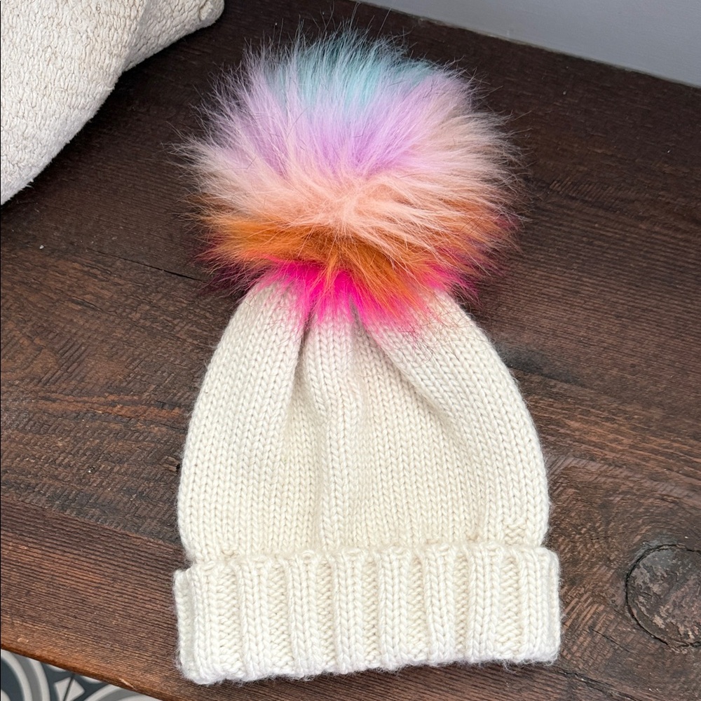 Target Kids Cream Beanie with Multicolor Pom Pom